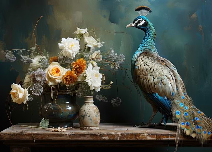 Peacock and Flowers Still Life
