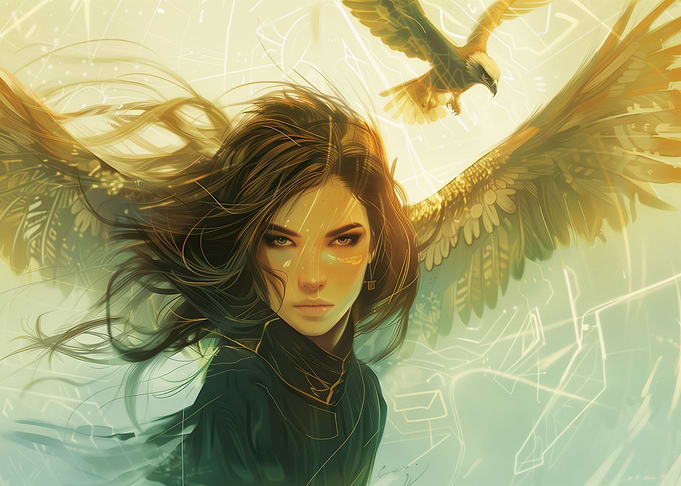 Wind-Swept Warrior: Blue-Eyed Woman with Eagle’s Wing