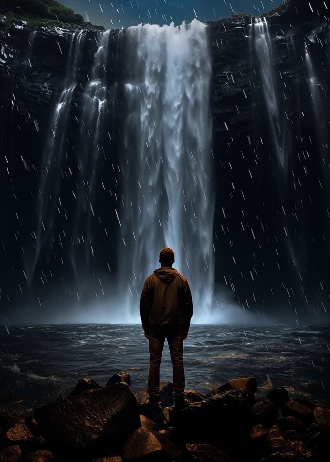 Alone Man Gazing at Waterfall