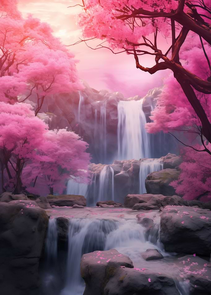 Sakura Trees and Waterfall