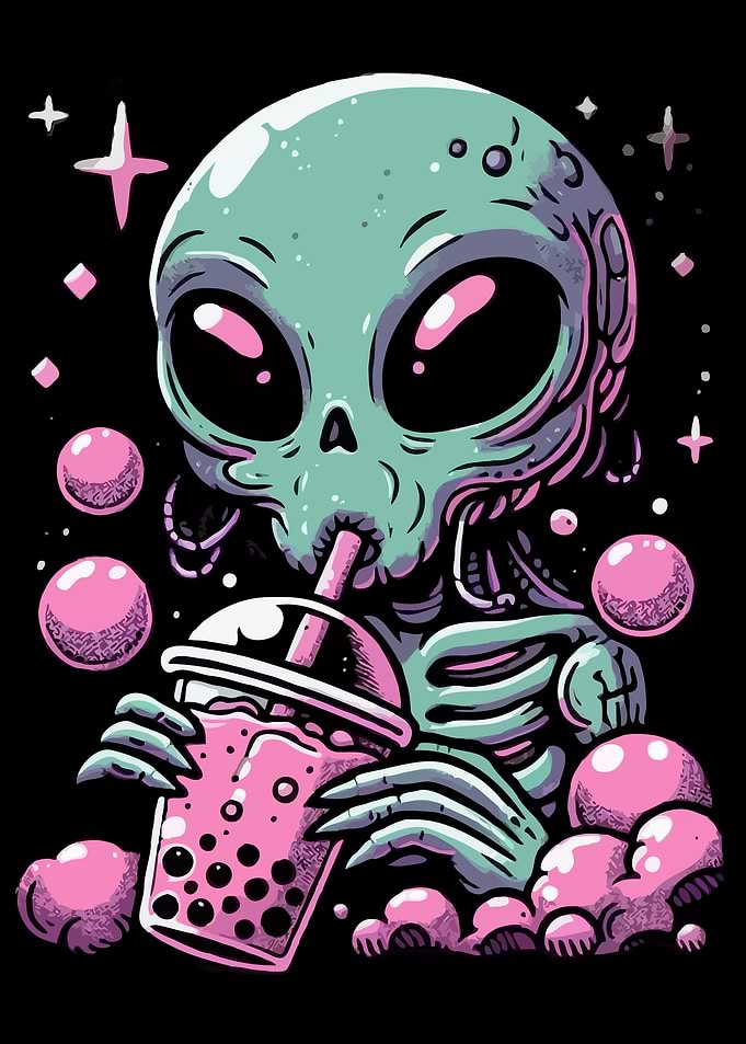 Alien Drinking Boba Tea
