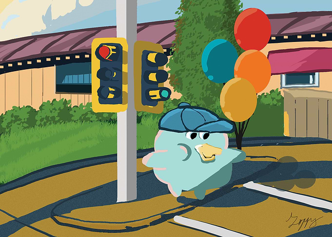 Duck Cartoon Character with Balloons