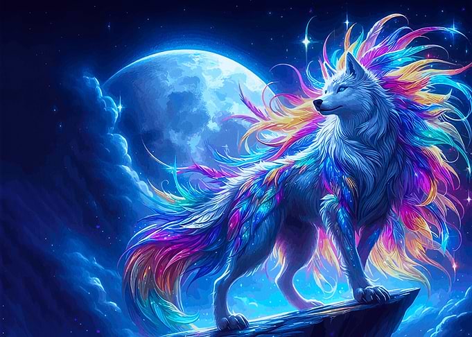 Rainbow Wolf Under Moon