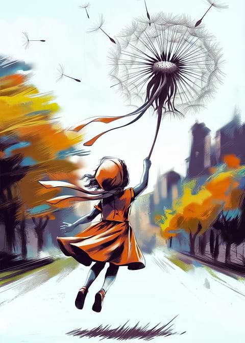 Girl Flying with Dandelion — living room metal wall art