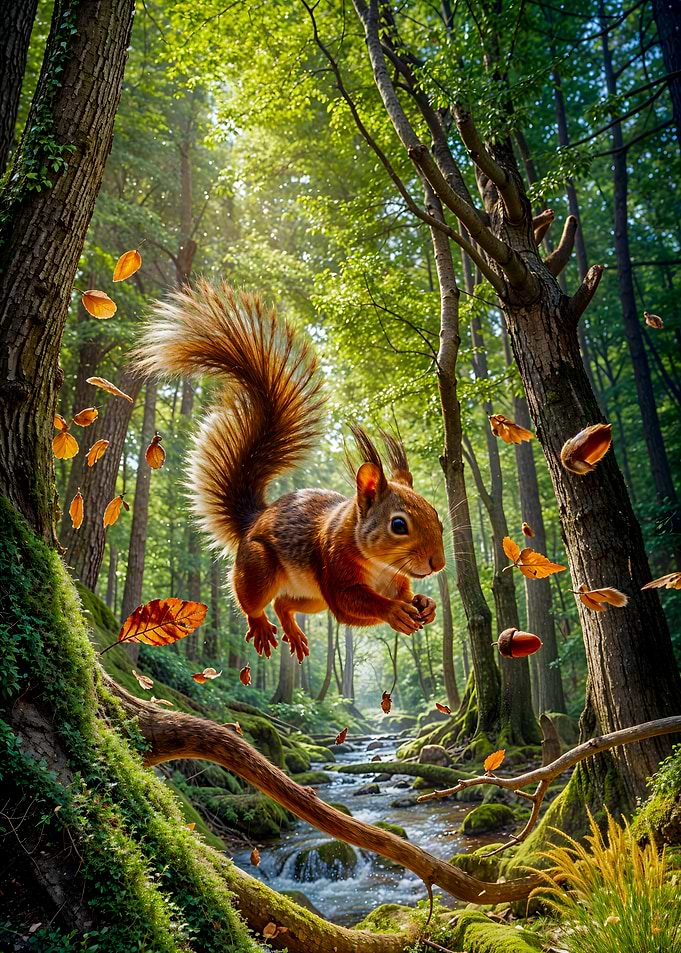 Squirrel Leaping in Forest
