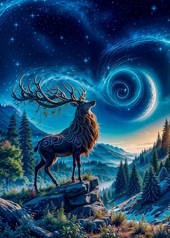 Mystical Deer Under Starry Sky