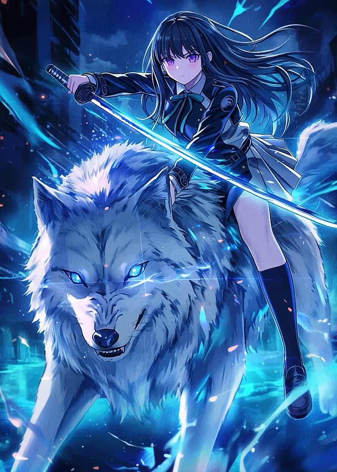Anime Girl Riding Wolf