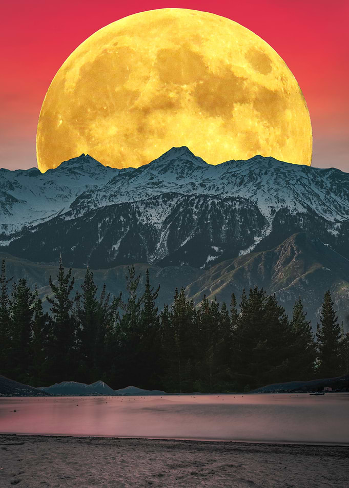 Full Moon Over Mountains in the Late Afternoon