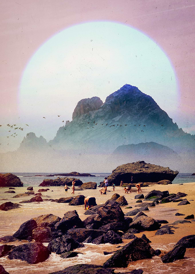 Sunrise Serenity: Pink Beachscape with White Sun and Mountains