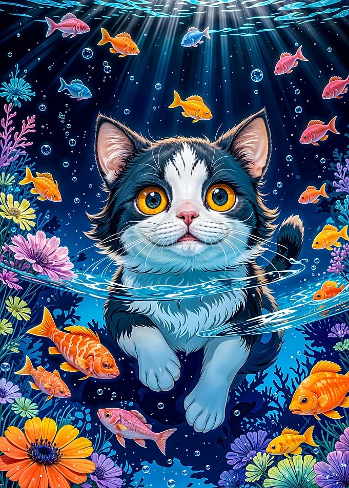 Cat Underwater with Fish