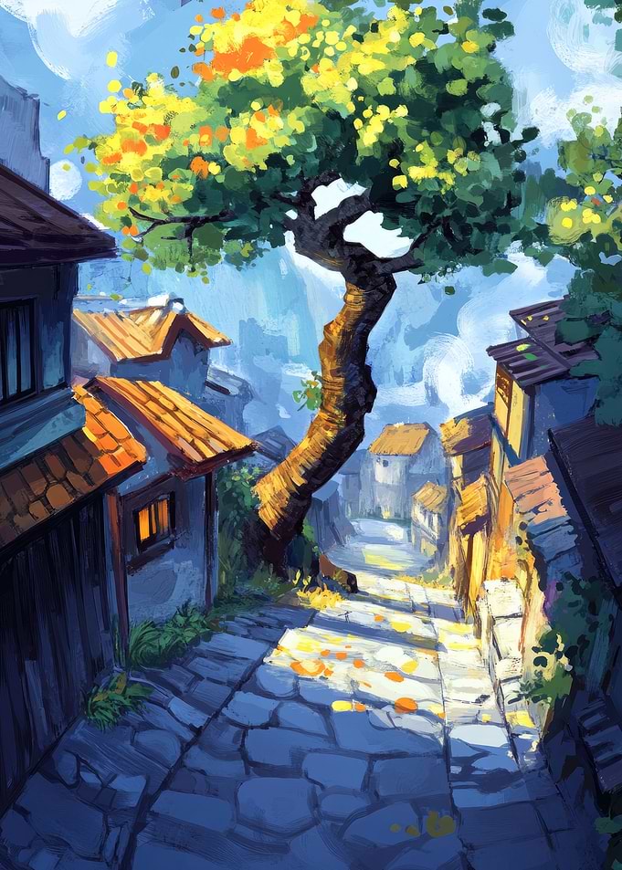 Cobblestone Street with Tree