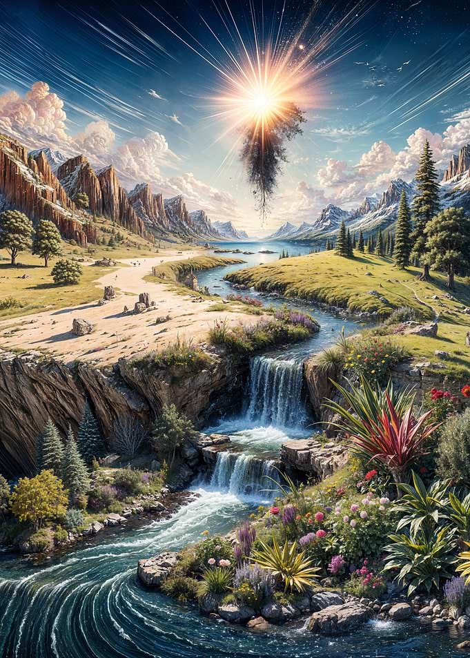 Fantasy Waterfall Landscape: growing light