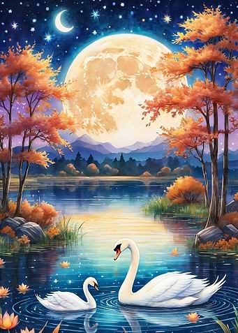 Moonlit Swan Lake digital painting