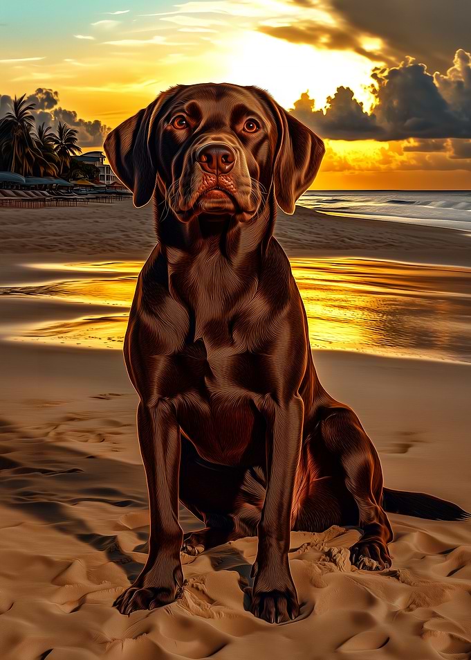 Chocolate Labrador at Sunset