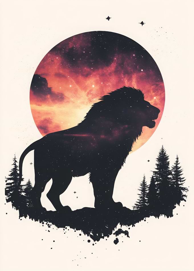 Lion Silhouette with Galaxy Moon