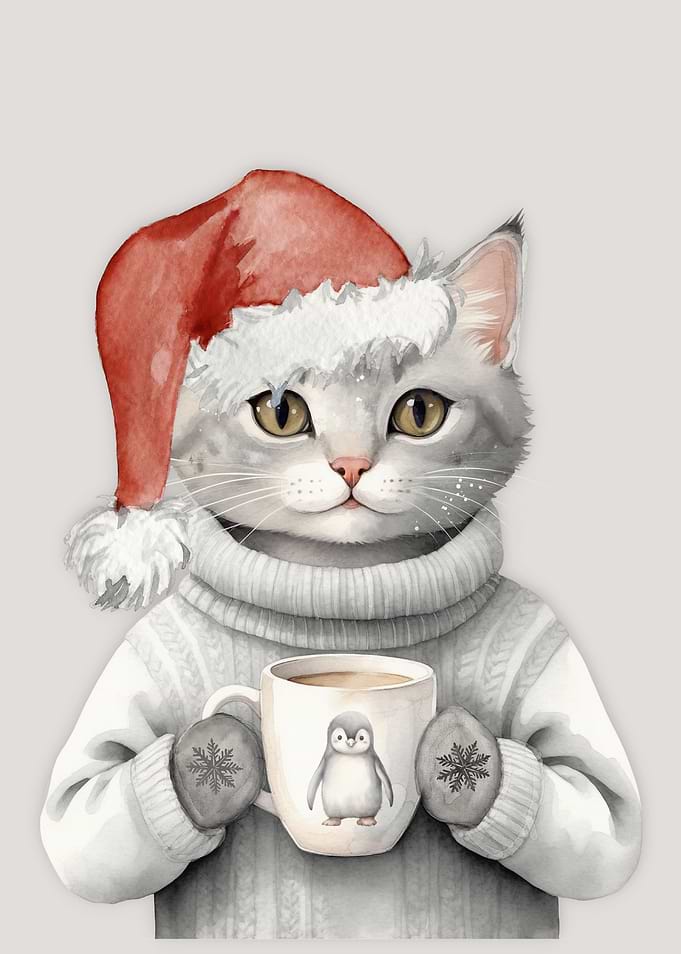 Cozy Cat Christmas in Santa Hat with Hot Cocoa