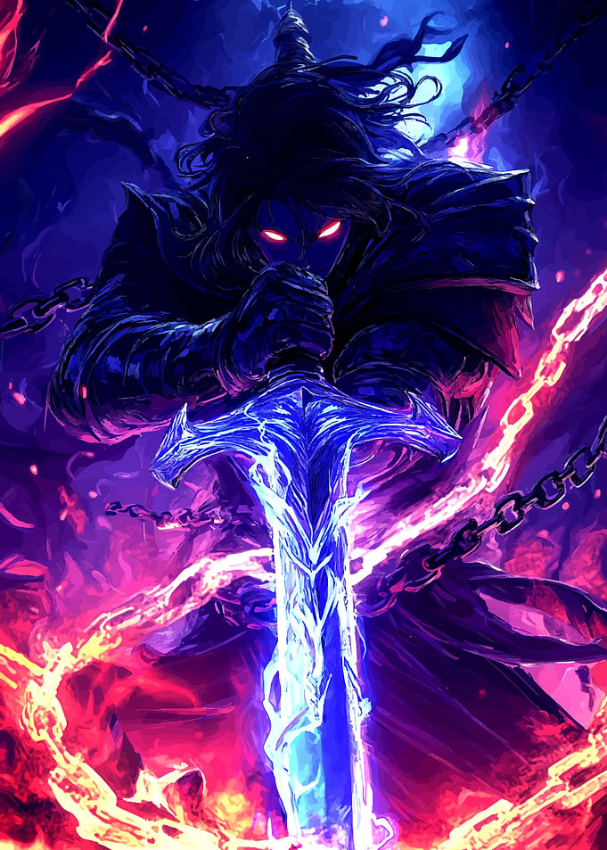 Dark Warrior with Fiery Sword of Power gaming legendary warrior