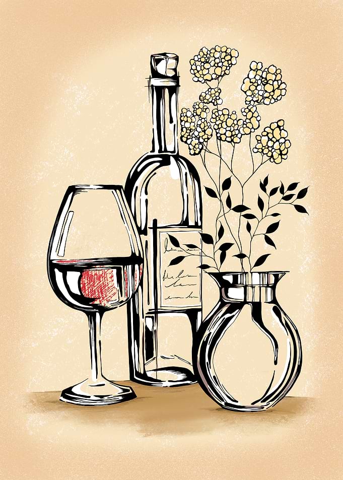 Wine and Flowers Still Life