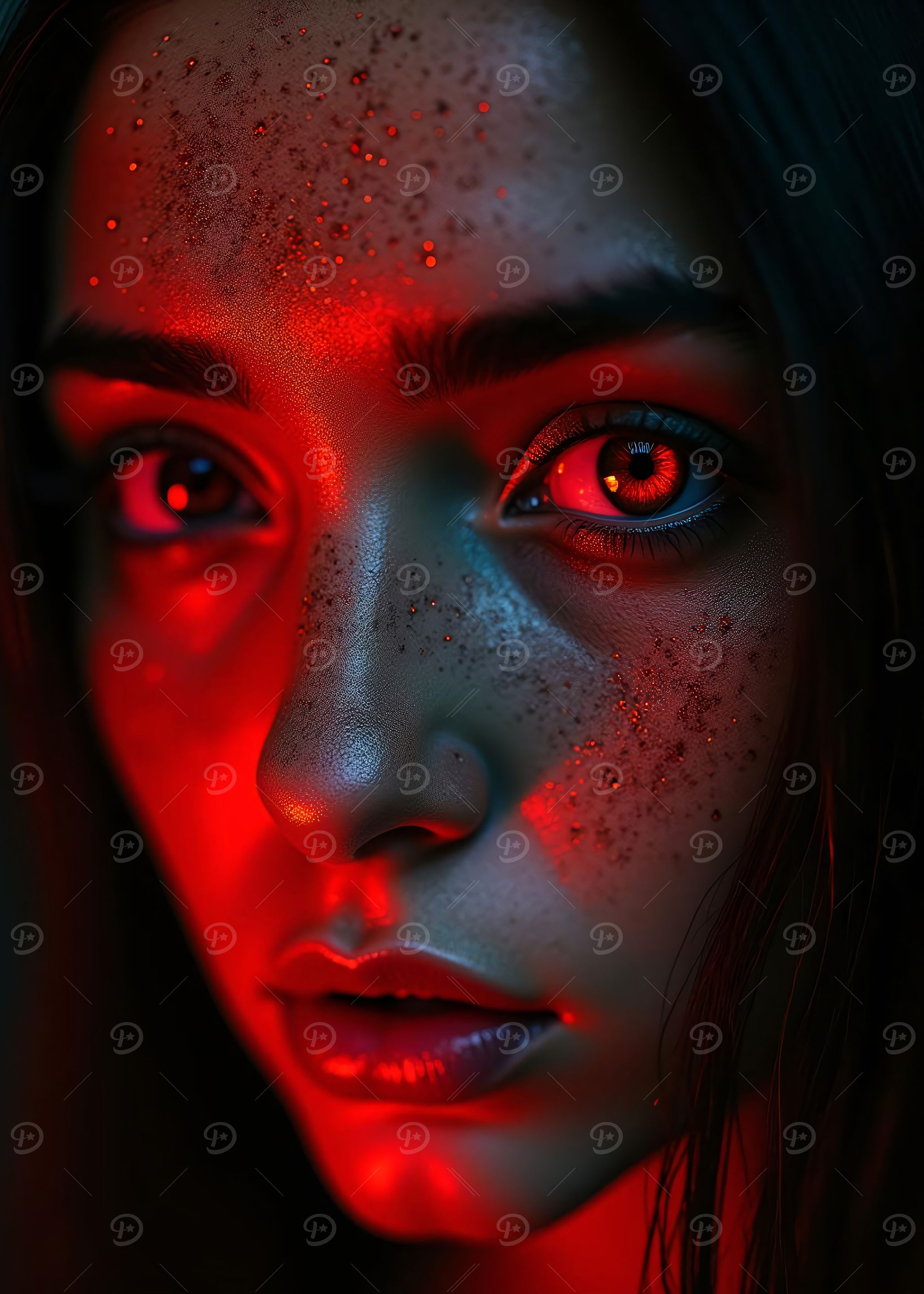 Red Light Girl Glowing Eyes Portrait