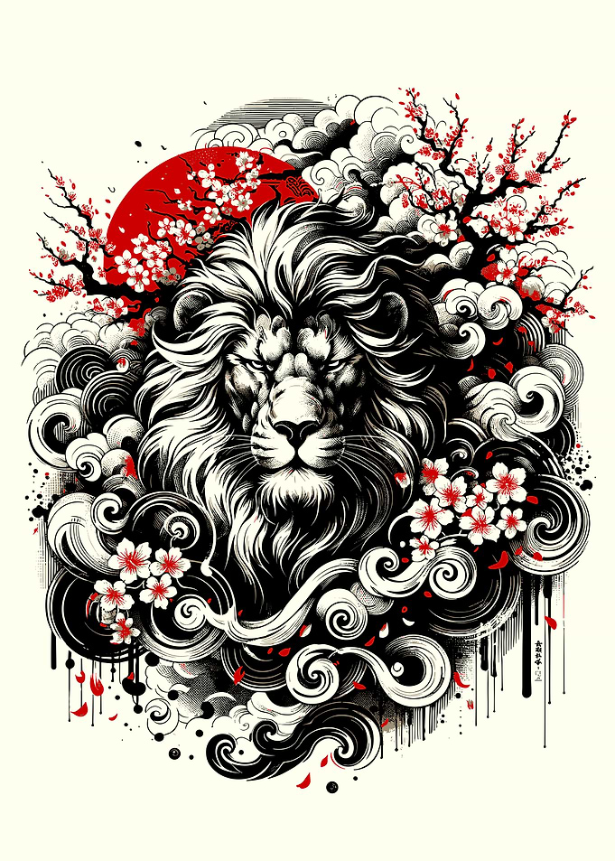 Ukiyo-e Lion with Cherry Blossoms