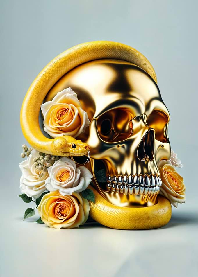 Golden Skull with Snake and Roses 2