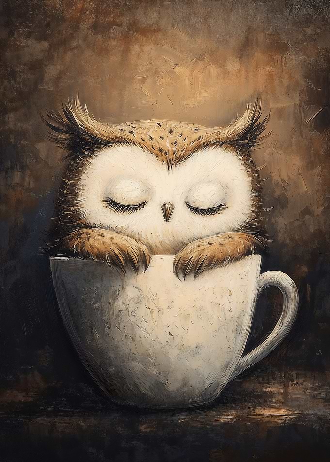 Sleeping Owl in Coffee Cup