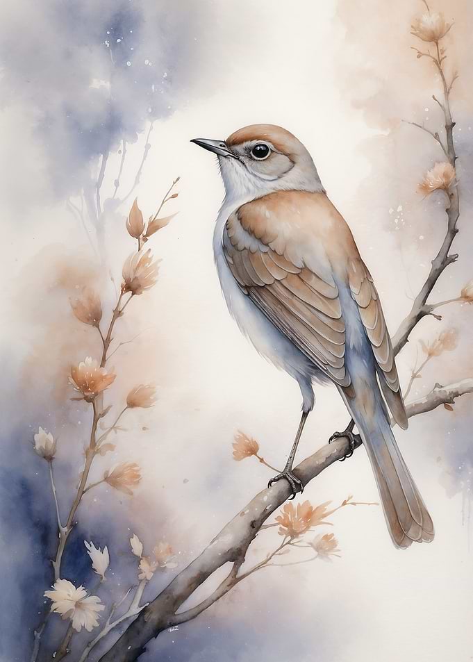 Watercolor Nightingale on Branch