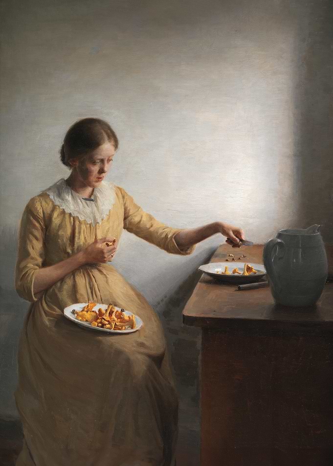 A Young Girl Preparing Chantarelles