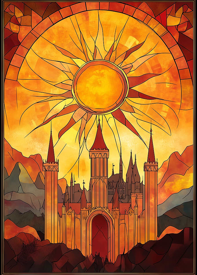 Majestic Castle at Sunset: A Stained Glass Masterpiece