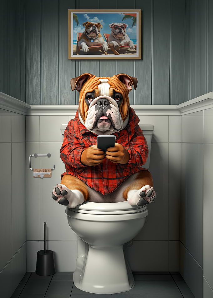 Bulldog on Toilet with Smartphone