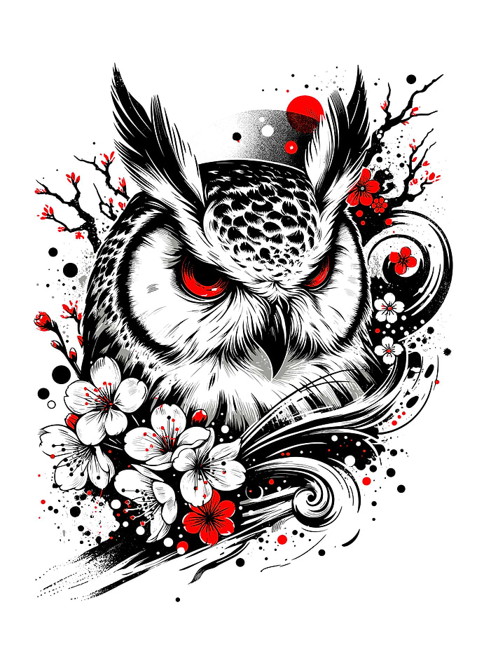 Ukiyo-e Owl with Cherry Blossoms Black and White