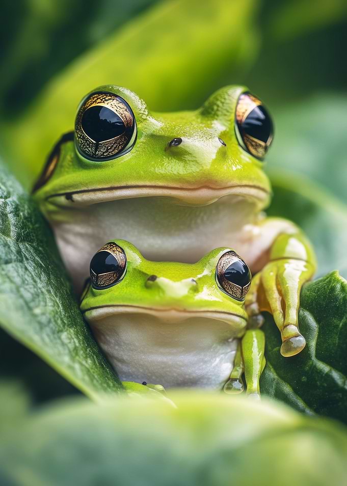 Two Green Frogs on Leaf