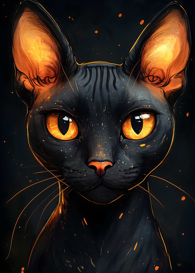 Fantasy Sphynx Black Cat Portrait