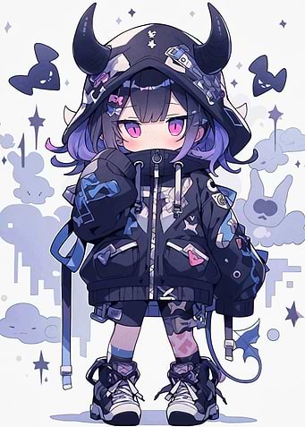 Anime Girl with Horns and Hoodie