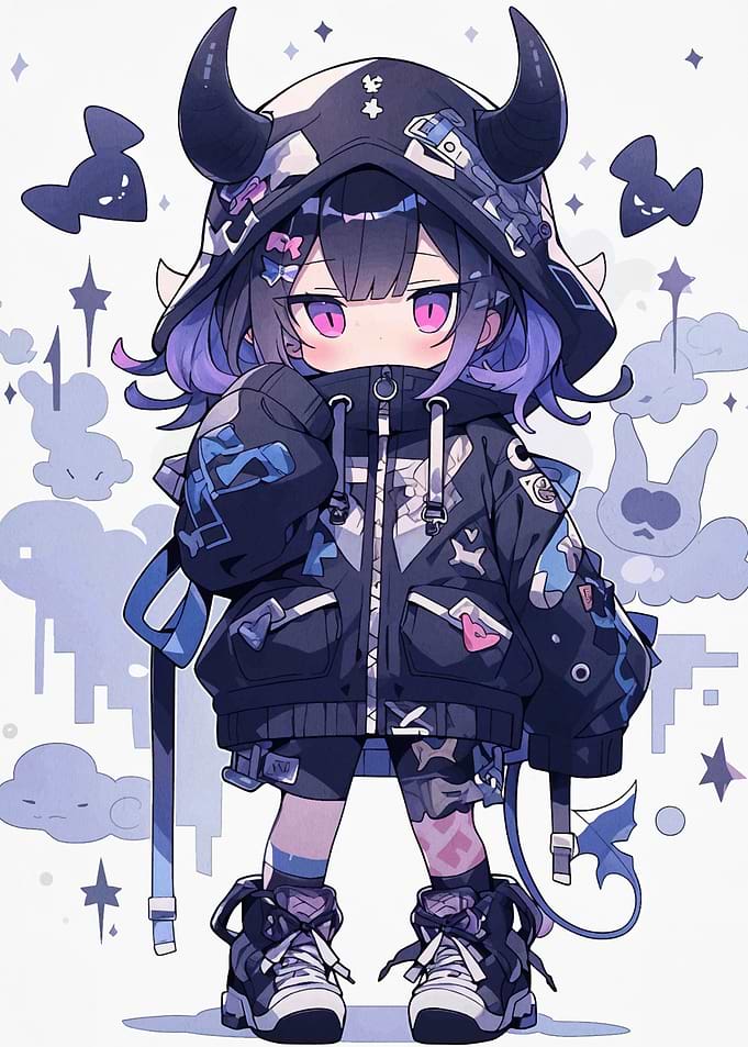 Anime Girl with Horns and Hoodie