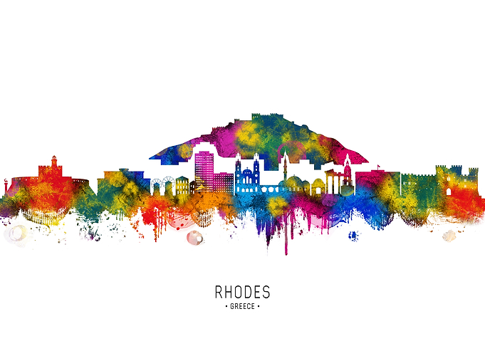 Rhodes City Skyline Watercolor