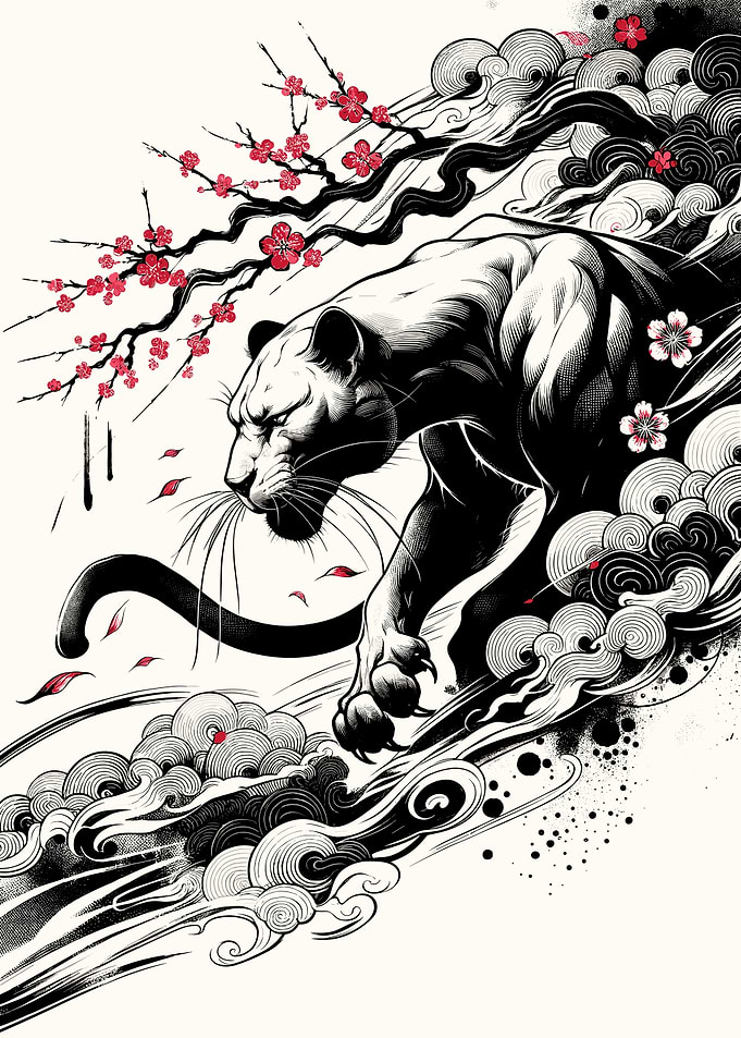 Ukiyo-e Black Panther with Cherry Blossoms
