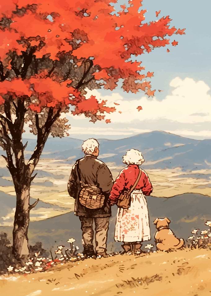 Couple and Dog in Autumn Landscape
