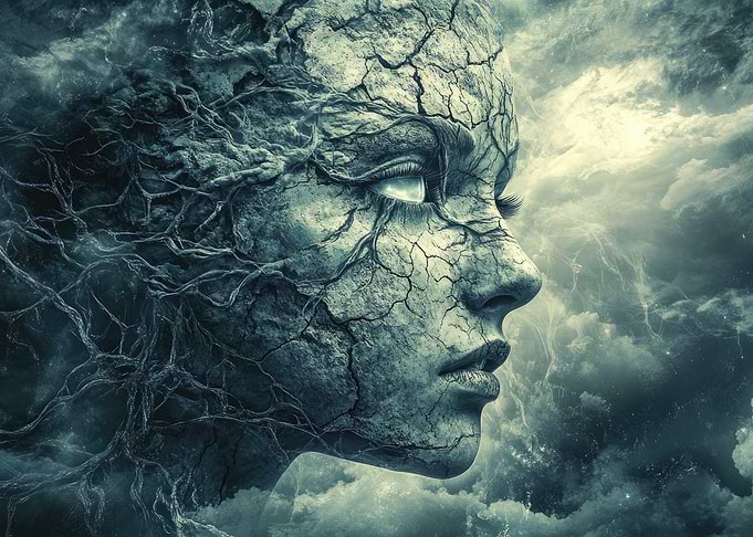 Female Face In Storm Clouds