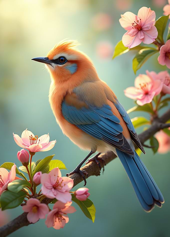 Colorful Bird on Branch with Flowers