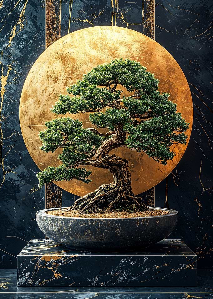 Bonsai Tree with Golden Moon