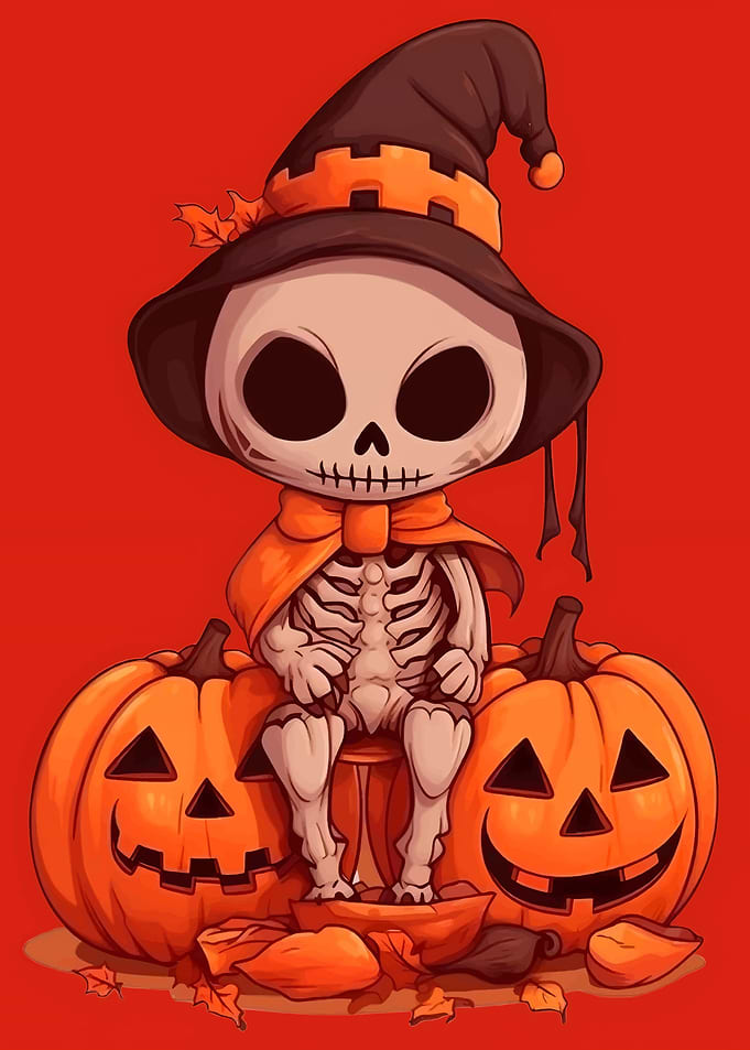 Skeleton Witch on Pumpkins