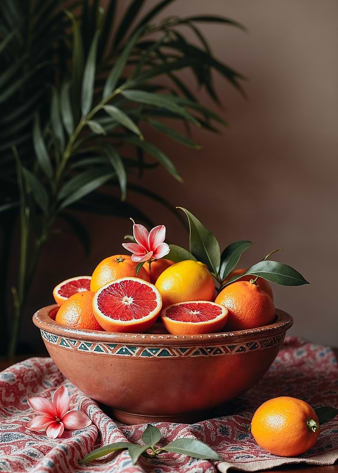 Blood Orange Still Life, Boho Chic, Tablecloth Pattern, Lemon, Pink Red