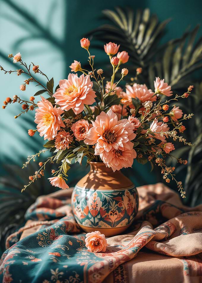 Floral Arrangement in Ceramic Vase, Boho Chic, Ethnic Pattern, Pink, Turquoise