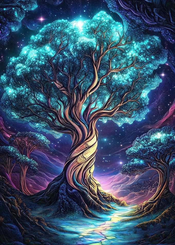 Glowing Tree in Night Sky