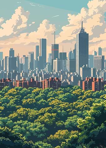 Cityscape and Green Trees