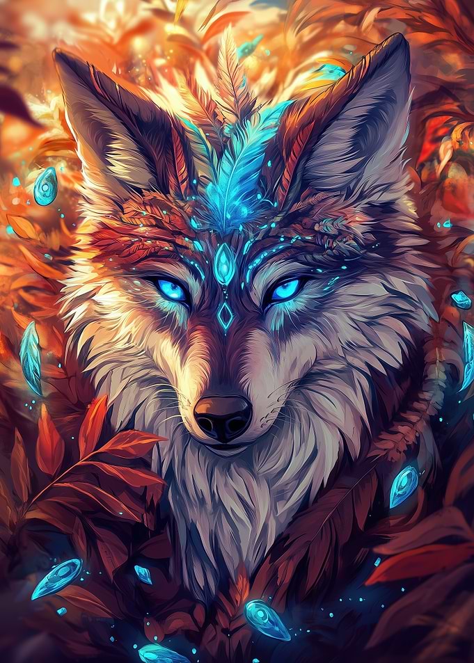 Mystical Wolf with Feather