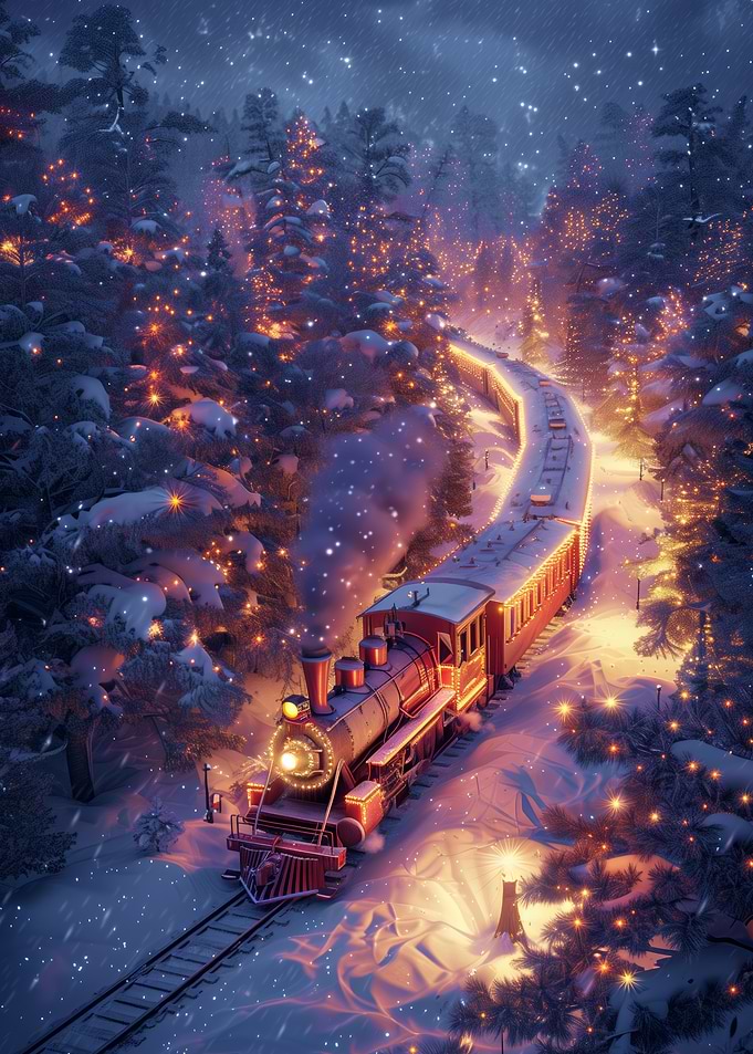 Christmas Train in Snowy Forest
