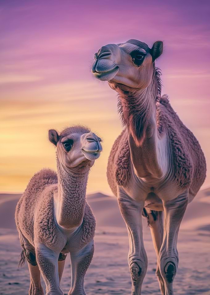 Camel and Calf at Sunset