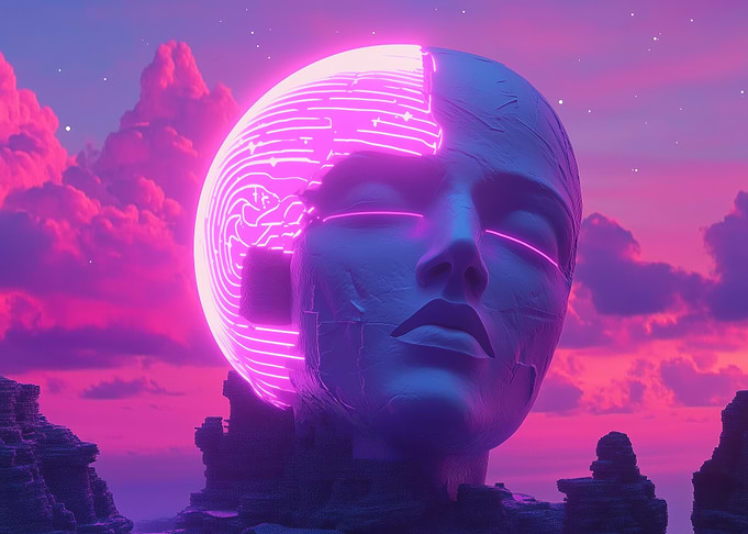 Neon Head Vaporwave Sculpture